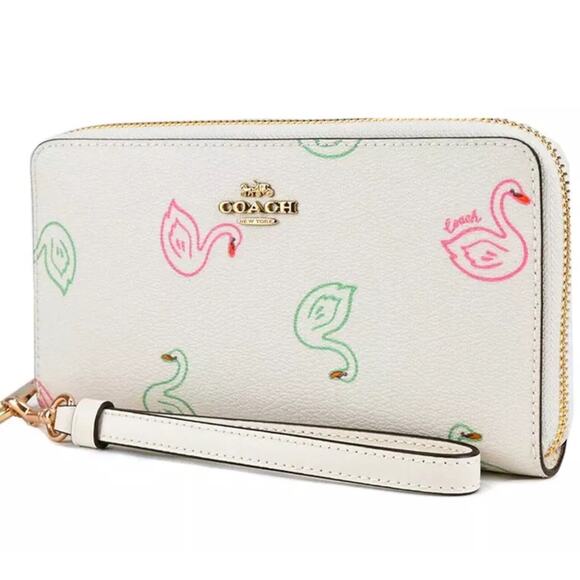 Coach Swan Print Long Zip Around Wallet Wristlet C8384 Chalk White Multi - Picture 1 of 4